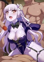 1girl 3boys blunt_bangs blush bow bowtie braid breasts censored character_request cleavage clothed_female_nude_male commentary_request copyright_request cowgirl_position detached_collar erection eyeball_hair_ornament garter_straps girl_on_top group_sex guriguri_(arayotto4351) hetero highleg highleg_leotard highres large_breasts leotard long_hair long_sleeves multiple_boys nude open_mouth penis purple_leotard pussy red_eyes sex sleeved_leotard smile straddling sweat white_hair