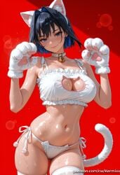 1girl ai_generated animal_ears animal_hands bangs bell black_hair blue_eyes blue_hair blush bow bow_earrings bra breasts cat_cutout cat_ear_panties cat_ears cat_lingerie cat_tail choker cleavage cleavage_cutout closed_mouth clothing_cutout collar cowboy_shot earrings frills gloves hair_intakes hololive jewelry jingle_bell kermixx large_breasts looking_at_viewer meme_attire navel neck_bell ouro_kronii panties paw_gloves red_background short_hair side-tie_panties smile solo sweat tail thighhighs underwear underwear_only virtual_youtuber white_bra white_panties white_thighhighs