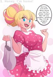 apron black_lipstick blonde_hair breasts clothed dialogue disguised_hypnotist domestication dress english_text erect_nipples erect_nipples_under_clothes femsub gwen_poole gwenpool hair_buns happy_trance hard_nipples hypnovember large_breasts lipstick makeup marvel_comics pink_hair speech_bubble spider-man_(series) spiral_eyes stepfordization tagme text