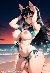 1futa ai_generated aqua_eyes aqua_hair armpits arms_up beach bikini bikini_bottom_aside bikini_top_lift black_hair blue_bikini blue_hair blush breasts breath carminroux clothes_lift clothing_aside cowboy_shot erection foreskin frills futanari genderswap genderswap_(mtf) gradient_hair gradient_sky large_breasts long_hair looking_at_viewer muichiro_tokitou multicolored_hair navel night nipples ocean outdoors patreon_username penis puckered_lips rabbit_pose side-tie_bikini_bottom sky solo stomach sunset sweat swimsuit testicles two-tone_hair uncensored veins veiny_penis very_long_hair water