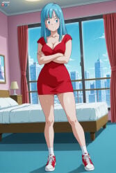 1boy 1girl absurdres adult ai_assisted ai_generated bangs bed bedroom big_breasts blue_eyes blue_hair blue_sky breasts bulma cleavage cloud covered_navel crossed_arms curtains day dragon_ball dragon_ball_super dragon_ball_z dress female full_body heeven highres indoors large_breasts long_hair male maron mature on_bed patreon patreon_username perfect_body red_dress red_footwear sensitive shoes sky sneakers socks solo standing thick_thighs thighs uncensored wide_hips window