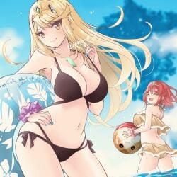 2girls ass ball bangs bare_shoulders beachball bikini black_bikini blonde_hair blue_sky blush breasts cleavage closed_eyes day earrings gem hair_ornament hand_on_hip headpiece innertube jewelry large_breasts long_hair looking_at_viewer multiple_girls mythra_(xenoblade) navel open_mouth outdoors pyra_(xenoblade) red_hair short_hair side-tie_bikini sky smile swept_bangs swimsuit tiara water wrist_scrunchie xenoblade_(series) xenoblade_chronicles_2 yellow_eyes