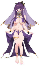 1girls anklet bare_shoulders barefoot belly big_breasts blush breasts cameltoe cleavage collar dancer_outfit face_veil feet female female_only fern_(sousou_no_frieren) full_body golden_collar hair_ribbon head_tilt heart_necklace highres hips large_breasts legs light-skinned_female light_skin long_hair nail_polish navel purple_hair purple_nails revealing_clothes sidelocks solo sousou_no_frieren standing stomach thick_thighs thigh_strap thighs toenail_polish veil waist waterring white_background