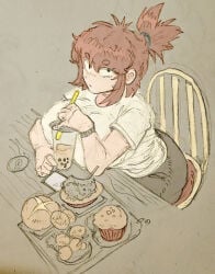 auburn_hair big_breasts breasts breasts_on_table chubby_female colored colored_sketch dumb_girl fat_ass fatass food friday_night_funkin friday_night_funkin_mod funny girlfriend_(friday_night_funkin) huge_ass huge_breasts korean_nooby_(artist) looking_at_viewer massacre_girlfriend_(friday_night_funkin) millie_(mistful_crimson_morning) mistful_crimson_morning oc sitting thick_thighs wide_hips