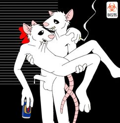 1990s 1995 20th_century alcohol alice_(biohazard) anthro balls beer beverage biohazard_(artist) biohazard_symbol black_background black_eyes bob_(biohazard) bow can carrying cigarette dripping duo erection eye_contact female flat_chested fur hair_tuft inside male mammal open_mouth penis plain_background precum rat rodent smoking standing whiskers white_fur