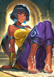 :3 ai_generated arms_behind_back artifactglitch big_ass big_breasts black_hair blush cameltoe cum_on_feet earrings feet foot_fetish league_of_legends nilah pleased_expression purple_eyes riot_games sitting tagme toes watermark