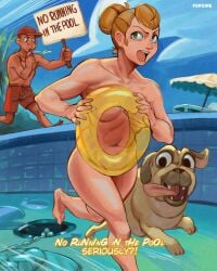 1girls artist_request bikini breasts covering embarrassed female fonzine innertube nude pool tagme
