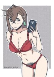 1girl ayase_momo brown_hair dandadan excessive_pubic_hair female gyaru hairy_female hairy_pussy lingerie mirror mirror_selfie momo_ayase nude_female petite petite_body pubic_hair red_lingerie selfie solo