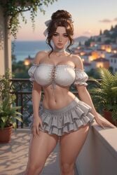 1girls ai_assisted ai_generated athletic_female balcony belly_button blurry_background brunette_hair choker cleavage corset_bra earrings edited evening eyelashes female female_only grey_eyes grok hair_bun hair_ribbon hair_strand hand_on_surface hourglass_figure knees layered_skirt looking_at_viewer medium_breasts midriff miniskirt narrow_waist neutral_expression off_shoulder outdoor_background pleated_skirt potted_plant puffy_sleeves rgomez007 self_upload semirealistic sidelocks slender_body solo_female standing thick_lips tied_hair town updo warm_lighting wide_hips