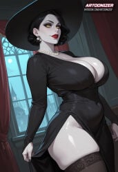 1girls ai_generated alcina_dimitrescu artoonizer ass big_ass big_breasts black_dress black_hair black_nail_polish black_nails breasts curvy curvy_female curvy_figure earrings female glowing_eyes grey-skinned_female grey_skin jewelry large_breasts large_hat light-skinned_female light_skin lingerie long_sleeves looking_at_viewer makeup mature_female milf navel necklace parted_lips patreon patreon_username plunging_neckline posing red_lips red_lipstick resident_evil resident_evil_8:_village short_hair smile solo solo_female solo_focus standing stomach thick_hips thick_thighs thighhighs wide_hips yellow_eyes