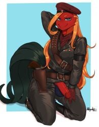 absurd_res anthro avian bandolier beak belt beret bird boots chicken clothed clothing cosplay elliot_(eaumilski) erection feathers footwear galliform genitals gun hair hand_behind_head hat headgear headwear hi_res kneeling konami long_hair male metal_gear metal_gear_solid_3 nyushi partially_clothed penis phasianid ranged_weapon shoes smile solo uniform unzipped weapon zipper