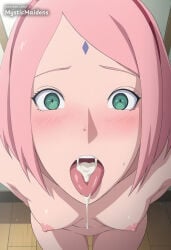1girl after_fellatio ai_generated anime anime_style blush boruto boruto:_naruto_next_generations breasts completely_nude cum cum_in_mouth cum_on_tongue cumdrip facial_mark forehead_mark green_eyes hairband haruno_sakura hentai hi_res looking_at_viewer mystic_maidens naruto naruto_(classic) naruto_(series) naruto_shippuden nipples nude open_mouth patreon pink_hair sakura_haruno short_hair small_breasts solo tongue tongue_out