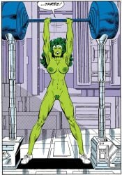 comic_panel edit edited_official_artwork green_skin lifting_weights marvel marvel_comics muscles muscular_female naked naked_female pubic_hair she-hulk shoes sweatband weightlifting workout yenvudu