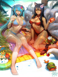 2girls ahri ass barefoot bathing_suit big_ass bikini blue_hair bra breasts feet fur furry_tail green_eyes humanoid kemonomimi large_breasts league_of_legends multi_tail multiple_tails panties sona_buvelle swimsuit taemin_park tail vastaya