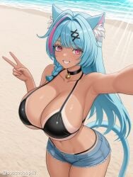 1girl ai_generated animal_ear_fluff animal_ears armpits bangs beach bell bikini bikini_tan black_bikini black_choker blue_hair blush braid breasts cat_ears cat_girl cat_tail choker cleavage collarbone cowboy_shot dark-skinned_female dark_skin denim denim_shorts grin hair_ornament hairclip huge_breasts jingle_bell long_hair looking_at_viewer mint_(neverness_to_everness) multicolored_hair navel neck_bell neverness_to_everness outdoors pink_eyes pink_hair selfie short_shorts shorts smile solo streaked_hair swimsuit tail tan tanlines thighs twitter_username v x_hair_ornament