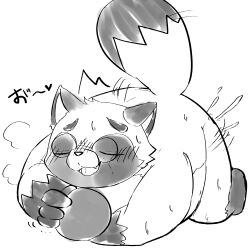 1:1 2026 anthro blush bodily_fluids canid canine cum duo eyes_closed genital_fluids hi_res hug humanoid_hands japanese_text kemono lying male mammal monochrome octopus_gohan open_mouth overweight overweight_male raccoon_dog simple_background size_difference tanuki text white_background