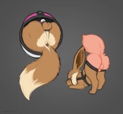 absurd_res anal anus bdsm bondage bound brown_body brown_fur butt butt_heart chastity_cage chastity_device chest_down_ass_up chest_down_butt_up eevee feral fur generation_1_pokemon harness hi_res loonertick love_ball male nintendo p.r.o._pokeball pokeball pokeball_chastity_cage pokemon pokemon_(species) presenting presenting_anus presenting_hindquarters tan_body tan_fur