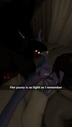 caption goblin goblin_female hound legs_spread long_hair male/female purple_skin snapchat vaginal_penetration vrchat vrchat_avatar vrchat_model werewolf