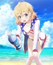 1girls absurdres ahoge american_flag american_flag_bikini american_flag_print anime_coloring beach bikini blonde_hair blue_eyes blurry blurry_background blush bottle breasts cloud cloudy_sky collarbone crossed_bangs day depth_of_field flag_print flag_print_bikini giving hair_between_eyes hand_on_own_knee highres hirayama_kanna holding holding_bottle hood hood_down hooded_jacket jacket kanojo_okarishimasu knees_together_feet_apart leaning_forward long_sleeves looking_at_viewer medium_breasts medium_hair nanami_mami ocean official_art open_clothes open_jacket open_mouth outdoors pocari_sweat print_bikini sky small_breasts smile solo standing swimsuit water water_bottle