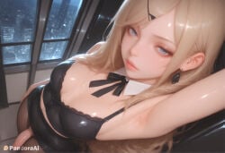 1boy 1femboy absurd_res ai_generated arm_up armpits artist_name artist_upload black_bra black_pantyhose black_skirt blonde_hair blue_eyes breasts camisole closed_mouth crossdressing detached_collar earrings femboy femboy_focus feminine_male flaccid gay hair_ornament hairclip hi_res indoors jewelry lips long_hair looking_at_viewer medium_breasts miniskirt more_at_source pandora pantyhose patreon patreon_username pencil_skirt penis self_upload skirt solo standing transgender uncensored underwear watermark window
