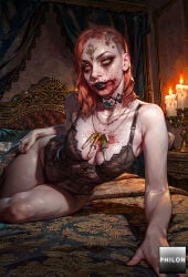 1girls ai_generated arm_support bed black_nails blood breasts candle choker cleavage daniela_(resident_evil) eyeshadow facial_mark fingernails indoors jewelry large_breasts lingerie lips looking_at_viewer makeup necklace nose on_bed philon red_hair resident_evil resident_evil_8:_village solo stable_diffusion underwear yellow_eyes