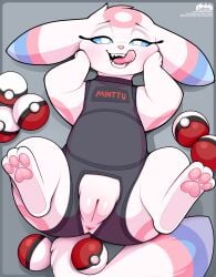 2026 absurd_res anus butt clothed clothed_female clothed_feral clothing digital_drawing_(artwork) digital_media_(artwork) eeveelution fangs feet female female_feral feral fur generation_2_pokemon generation_6_pokemon genitals hi_res hybrid loimu looking_at_viewer lying minttu_(loimu) nintendo on_back open_mouth pawpads paws pink_pawpads pokeball pokemon pokemon_(species) simple_background smile solo standard_pokeball sylveon tail teeth toes tongue tongue_out umbreon vulva