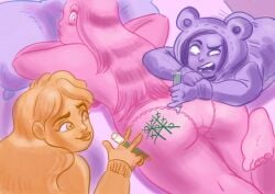 aphrodite aphrodite_(lore_olympus) ass ass_focus bed bedroom blonde_hair drawing_on_ass feet funny hera_(lore_olympus) long_hair looking_back lore_olympus not_porn on_bed onesie panties persephone_(lore_olympus) pillow pink_hair pink_skin playing playing_games purple_hair purple_skin sfw sleepover tic-tac-toe yellow_hair
