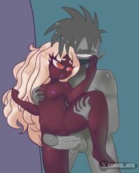 black-skinned_female cartoony curly_hair dark-skinned_female fanart fanart_from_twitter grabbing_breast grabbing_breasts grabbing_legs grey-skinned_male grey_skin hanging_legs imminent_penetration imminent_sex kaybur_(series) large_penis leg_up long_hair looking_at_partner medium_breasts muscular_male pink_nipples red_eyes sadkielarts shortstack size_difference white_eyebrows white_hair yehda_(character)