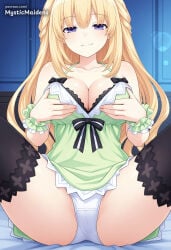 1girl ai_generated anime anime_style bare_shoulders black_thighhighs blonde_hair blue_eyes blush breasts cleavage cpu_(neptunia) fanbox_username green_heart_(neptunia) hentai hi_res hyperdimension_neptunia large_breasts long_hair looking_at_viewer mystic_maidens neptunia_(series) on_bed panties patreon patreon_username sitting smile solo spread_legs thighhighs underwear vert vert_(neptunia) white_panties