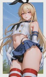 1boy 1femboy 2026 ai_generated armwear ass balls belly black_thong blonde_hair blue_skirt civitai crossdressing erect_penis erection erection_under_skirt femboy feminine_male girly gloves highleg highleg_thong kantai_collection long_hair looking_at_viewer midriff miniskirt navel outdoors outside penis shimakaze-kun skirt solo testicles thighs top topwear trap white_gloves zettai_ryouiki