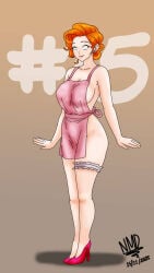 apron apron_only big_breasts blue_eyes earrings female_only femsub happy_trance high_heels hypnosis hypnotized hypnovember lipstick naked_apron nominddetected nude orange_hair shrunken_irises sideboob smile standing stepfordization