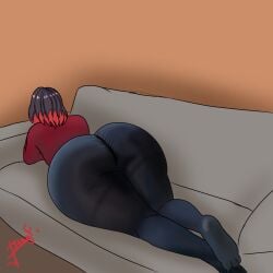 ass ass_bigger_than_head ass_cleavage ass_focus ass_grab ass_up ass_visible_through_thighs big_ass big_butt black_hair butt butt_focus butt_grab female jeagf living_room lying lying_down oc red_eyes red_hair red_paint red_shirt self_upload shirt sofa tights