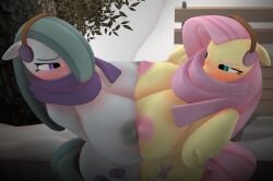 3d_(artwork) absurd_res anthro anthrofied areola big_breasts biped blue_eyes blush breast_squish breasts breasts_frottage cutie_mark digital_media_(artwork) duo earmuffs earth_pony equid equine eyelashes feathered_wings feathers female female/female fluttershy_(mlp) friendship_is_magic grey_body grey_hair hasbro hi_res high-angle_view horse mammal marble_pie_(mlp) mostly_nude my_little_pony mythological_creature mythological_equine mythology nipples pegasus pink_hair pony pupils purple_eyes purplefondue scarf squish wings yellow_body