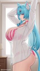 1girl ai_generated animal_ear_fluff animal_ears arms_up ass bangs bell blue_hair bra braid breasts cat_ears cat_girl cat_tail choker cleavage from_side hair_ornament hairclip huge_breasts indoors jingle_bell large_breasts long_hair long_sleeves looking_at_viewer mint_(neverness_to_everness) multicolored_hair neck_bell neverness_to_everness panties pink_bra pink_eyes pink_hair pink_panties see-through shirt smile solo streaked_hair striped striped_panties tail thighs twitter_username underwear vertical-striped_panties vertical_stripes white_shirt x_hair_ornament