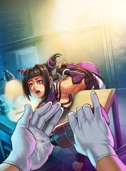 arms_behind_back ass bent_over bent_over_table bondage breasts brown_hair capcom cavity_search cleavage elbow_gloves fully_clothed gloves handcuffs highres imminent_rape indoors juri_han lamp large_breasts leaning_forward lube nail_polish open_mouth pov purple_eyes sash scared sefuart street_fighter super_street_fighter_iv surprised sweat table