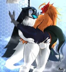 absurd_res ambiguous_fluids anal anal_penetration anthro avian balls big_breasts big_butt bird bodily bodily_fluids breasts butt chicken cum cum_in_ass cum_inside cum_on_balls cum_on_breasts cum_on_face duo ejaculation elliot_(eaumilski) galliform genital_fluids genitals gryphon gynomorph gynomorph/male gynomorph_penetrating gynomorph_penetrating_male hi_res intersex intersex/male intersex_penetrating intersex_penetrating_male larger male male_penetrated mythological_avian mythological_creature mythology nonbinary_(lore) nyushi penetration penguin penile penile_penetration penis_in_ass phasianid saliva sex shale_(eaumilski) shower size_difference string tongue tongue_out white_balls white_breasts