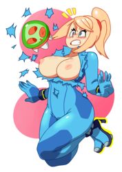 blonde_hair blue_eyes bracelet breasts breasts_out clenched_teeth color female hair highres large_breasts metroid metroid_(creature) nintendo nipples nude ponytail rocket_heels samus_aran simple_background solo sweat teeth theolebrazen tied_hair torn_bodysuit torn_clothes white_background zero_suit zero_suit_samus