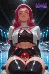 1girl ai_generated artist_name ass big_breasts blue_eyes blush blushing blushing_at_viewer blushing_female breasts deurahh earrings eyelashes female female_human female_only from_behind gym_leader gymnasium hair_slicked_back hi_res imminent_anal imminent_fellatio imminent_oral imminent_orgasm imminent_penetration imminent_sex imminent_vaginal jessie_(pokemon) jewelry large_breasts lipstick livestream long_hair looking_at_viewer looking_back makeup navel nintendo nsfw outdoors patreon patreon_logo patreon_username pokemon pokemon_(anime) pokemon_rgby pov pov_eye_contact public public_exposure red_hair red_lips spotlight stadium stadium_background steam steaming_body steaming_breath sweat sweaty tagme team_rocket thick_thighs uncensored unseen_male_face voluptuous voluptuous_female