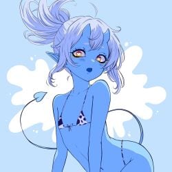 1girl 1girls absurdres animal_print bikini blue_background blue_oni blue_skin blue_tail blue_tongue blush colored_skin colored_tongue commentary cow_print cow_print_bikini demon_tail english_commentary eyeliner female flat_chest grey_hair heart heart-shaped_pupils highres horns indie_virtual_youtuber kuu_(kuutuber) kuutuber looking_at_viewer makeup navel oni pointy_ears ponytail print_bikini red_eyes simple_background skin-covered_horns solo swimsuit symbol-shaped_pupils tail thighs true_flat_chest virtual_youtuber vtuber yellow_eyeliner
