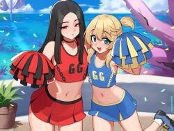 1girls 1other black_hair blonde_hair blue_eyes bridget cheerleader confetti crossdressing guilty_gear guilty_gear_strive kuroonehalf long_hair midriff navel open_mouth pom_poms red_eyes side_ponytail skirt smile tagme testament_(guilty_gear)
