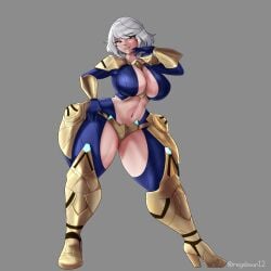 1girl 1girls absurd_res armored_boots big_ass big_breasts big_butt big_thighs blue_eyes bottom_heavy bottom_heavy_female cleavage_cutout cleavage_window commission forearm_armor highres hip_armor hips_wider_than_shoulders hourglass_figure hourglass_figured_female large_ass large_breasts large_butt looking_at_viewer omegabean scantily_clad short_hair shoulder_armor shoulder_pads simple_background smug smug_face smug_grin solo solo_female thick_thighs thigh_window thighhigh_boots toned_stomach white_hair wide_hips wide_thighs