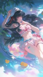 1girls beach black_hair chisa_(wuthering_waves) female long_hair medium_breasts official_alternate_costume pink_swimsuit red_eyes see-through_clothing see-through_swimsuit skirt_lift swimsuit wuthering_waves