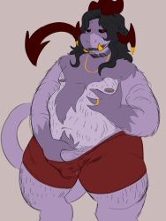 3:4 accessory bodily_fluids body_hair breasts clothing cum demon digitigrade genital_fluids genitals hi_res holding_breast holding_penis horn hybrid leaking_cum looking_at_viewer nipple_piercing nipples overweight penis piercing pupils purple_body red_pupils spade_tail sunny_furr sunny_winter tail underwear