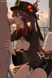 1boy 1girl ai_generated black_headwear blush breasts breasts_outside brown_hair censored clothed_female_nude_male erection fellatio flower genshin_impact hat heart hetero hi_res high_quality high_resolution hu_tao_(genshin_impact) indoors kneeling long_hair long_sleeves medium_breasts mosaic_censoring nipples nude oral patreon penis red_eyes seductive sexy solo_focus testicles uncensored uniform watermark