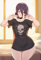 1girls ai_generated chainsaw_man choker dijiai female green_eyes hair light-skinned_female light_skin purple_hair reze_(chainsaw_man) solo solo_female tied_hair