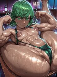 ai_generated cleavage erect_nipples green_eyes green_hair horny legs_up lying_on_back muscles oiled one-punch_man perky_nipples seductive sling_bikini small_breasts smiley_face sweat tatsumaki thick_thighs toned vulva wet wide_hips wilas