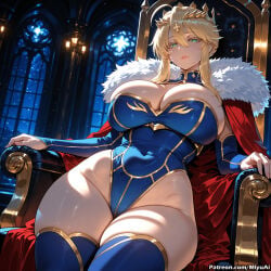 1girl ahoge ai_assisted ai_generated artoria_pendragon_(all) artoria_pendragon_(fate) artoria_pendragon_(lancer) artoria_pendragon_(lancer)_(fate) bangs blonde_hair blue_legwear blue_leotard blush braid breasts cape cleavage cleavage_cutout covered_navel crown curvaceous curvy curvy_female curvy_figure fate/grand_order fate_(series) female french_braid fur_trim gauntlets gloves green_eyes hair_between_eyes highleg_leotard hip_focus huge_breasts leotard long_hair looking_at_viewer miyuai red_cape shiny shiny_clothes shiny_skin sidelocks sitting solo swept_bangs thick thick_ass thick_butt thick_hips thick_legs thick_thighs thighhighs thighs underbust voluptuous voluptuous_female weapon wide_hips wide_thighs