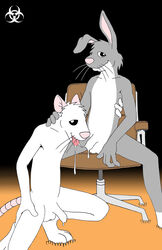 anthro balls biohazard_(artist) biohazard_symbol bob_(biohazard) chair cheek_tuft crouching cum cum_in_mouth cum_inside dripping duo erection floppy_ears fur furry gradient_background grey_fur hair_tuft lagomorph male male_only mammal moshe_(biohazard) multiple_males nude open_mouth penis precum rabbit rat rodent sitting spread_legs spreading tongue tongue_out tuft whiskers white_fur yaoi