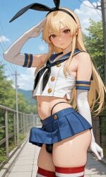 1boy 1femboy 2026 ai_generated armwear ass balls belly black_thong blonde_hair blue_skirt blush civitai crossdressing erect_penis erection erection_under_skirt femboy feminine_male girly gloves highleg highleg_thong kantai_collection legwear long_hair looking_at_viewer midriff miniskirt navel outdoors outside penis salutation salute saluting shimakaze-kun skirt solo striped_legwear testicles thighs top topwear trap white_gloves zettai_ryouiki