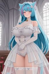 1girl ai_generated animal_ear_fluff animal_ears bangs bare_shoulders bell blue_hair blush braid breasts bridal_veil cat_ears cleavage dress elbow_gloves gloves hair_ornament hairclip huge_breasts indoors large_breasts leotard long_hair looking_at_viewer mint_(neverness_to_everness) multicolored_hair neck_bell neverness_to_everness pink_eyes pink_hair see-through smile solo streaked_hair tail thighhighs thighs veil very_long_hair virtual_youtuber wedding_dress white_dress white_gloves white_thighhighs